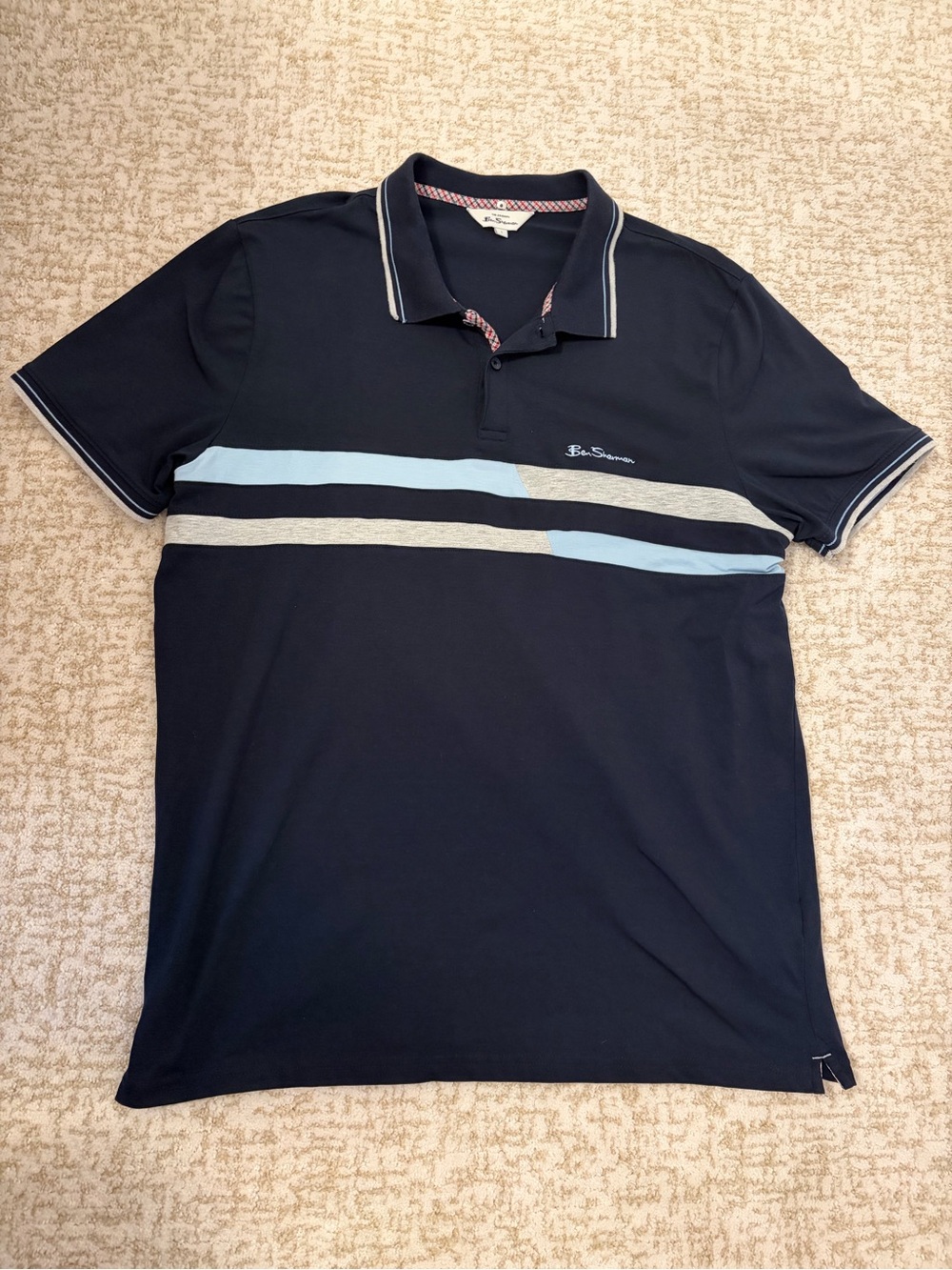 Ben Sherman Men's Navy Polo with Light Blue & Gray Stripes - Size L
